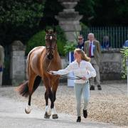 Ros Canter, the 2023 Badminton winner, trots up Izilot DHI at the first horse inspection in front of Badminton House