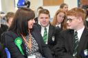 Green Party candidate for north Wiltshire Bonnie Jackson talks to pupils as part of mock election at .Bradon Forest School in Purton. Picture: DAVE COX