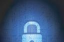 Vector blue data cyber security concept background. Circuit board padlock.