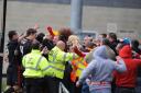 Travelling fans celebrate Town's winner at Morecambe