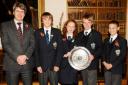 Toby Heaton, Chloe Christie, Alexander Hall, George Hunter with the Headmaster of Monmouth School 
