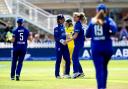 England's Lauren Bell celebrates after bowling Australia's Annabel Sutherland during the first one day international of the Women's Ashes
