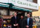 Golam Choudhury of Grand Bazaar with (R) Darren Jones MP and (L) Will Stone, Labour candidate for Swindon North