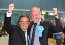 Robert Buckland and Justin Tomlinson celebrate after both increased their majorities in South and North Swindon respectively. Picture: STUART HARRISON