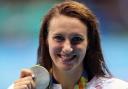 Jazz Carlin with her silver medal in the 800m freestyle final at the Olympic Aquatics Stadium