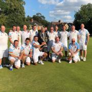 The Royal Wootton Bassett team who won the 2019 Wiltshire Men’s Four Rink League play-offs after beating Westlecot in the final. The trophy was presented by county men’s president Dave Williams (Chippenham Park)