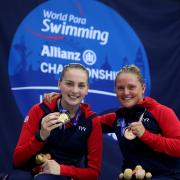 Great Britain's Tully Kearney and Suzanna Hext poses with their gold and bronze medal in the Women's 100m Freestyle S5 Final during day seven of the World Para Swimming Allianz Championships at The London Aquatic Centre, London. PA Photo. Picture