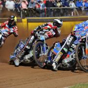 Heat 3 Davy Watt of Poole Pirates right leads from Josh Grajczonek of Swindon Robins  during Poole Pirates vs Swindon Robins, Elite League Speedway at The Stadium on 25th March 2016.