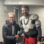 Swindon Wildcats’ all-time record points scorer Aaron Nell (right) shakes hands with the man he replaced at the top - Daryl Lipsey		        Photo: Swindon Wildcats