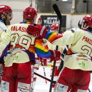 Swindon Wildcats celebrate a goal while wearing their special jersey to celebrate EIHA pride week   Pic: KLM Photography