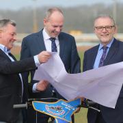 Stuart Harrison 20/3/15.Plans unveiled this morning for a new Swindon speedway stadium at Blunsdon which will be ready for the 2016 speedway season. Swindon speedway team manager Alun Rossiter, Justin Tomlinson MP and Clarke Osborne from Gaming