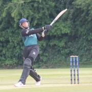 Wiltshire batter Jack Mynott slams a Hertfordshire bowler for six in the NCCA Trophy quarter-final