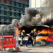 The Stagecoach single decker bus was on flames in Swindon town centre on Wednesday.
