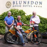 Left to Right- Barry Duke, Mike Broadbank on the bike, and book author Trevor Davies