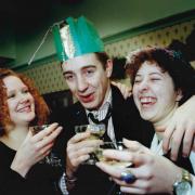 Revellers Claire Litchfield, Giles Woodford and Claire Gilbert at a New Year’s party at The Goddard Arms in 1995