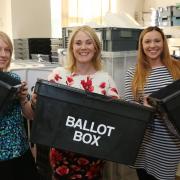 Swindon Borough Council's electoral services team pictured with ballot boxes in preparation for elections on May 7. Shown are Rachel Thomas, deputy returning officer Sally Sprason and Zara Macmillan. Picture: STUART HARRISON