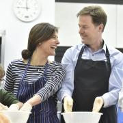 Lib Dem Leader Nick Clegg tries his hand making apple and blackberry crumble during his visit to Ivy Lane Primary School, Chippenham, with his wife Miriam Gonzalez and Chippenham Lib Dem candidate Duncan Hames. Picture by Diane Vose