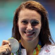 Jazz Carlin with her silver medal in the 800m freestyle final at the Olympic Aquatics Stadium