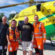 Kieron Reeson (third from left) with the Wiltshire Air Ambulance Crew who attended him, Pilot George Lawrence and Paramedics Fred Thompson and Richard Miller.