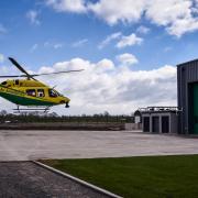 The Wiltshire Air Ambulance helicopter landing at the  the newly completed Wiltshire Air ambulance HQ  in Semington on  Tuesday.Photo by www.gphillipsphotography.com GP 1240