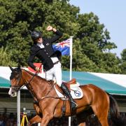 Tim Price (NZL) riding Ringwood Shy Boy celebrates after completing the showjumping phase at the Land Rover Burghley Horse Trials. Picture: