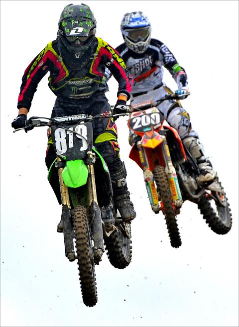 Kickstarting a day of thrilling Motocross action at the British Masters
Pictured l to r are Shaun Springer and James Dunn