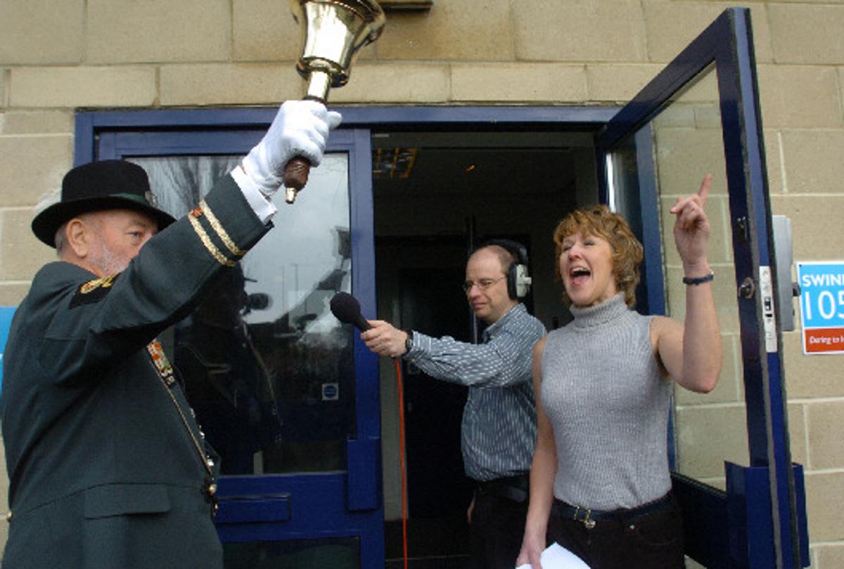 Fred 2008: Launch of Swindon Community Radio @ the County Ground. Shirley Ludford(right) and guest presenter Peter Heaton-Jones(centre) celebrate the debut broadcast(also pictured is Swindon Town Crier Fred Ferris). 