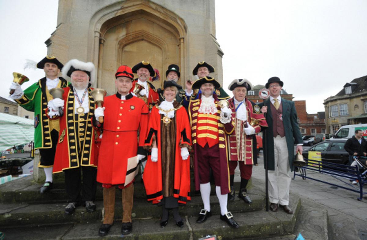 Fred 2012: Town Criers Cry to mark centenary of town criers comp in Devizes. L-R Back Row - Sean Price (Westbury) Trevor Heeks (Trowbridge) Phil Seddon (Warminster) Fred Ferris (Swindon) Mark Wiley (Calne) Front Row L-R Marcus Hopgood (Devizes) Devizes Ma