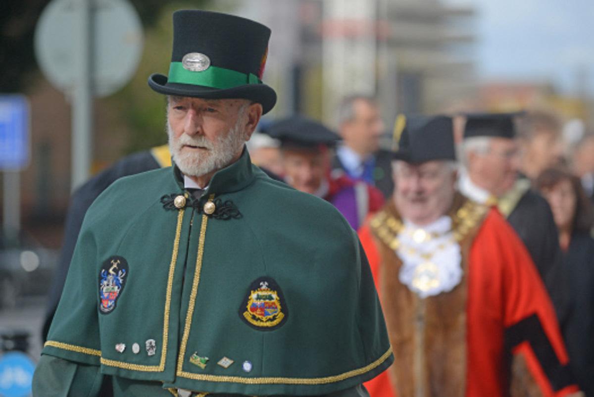 Fred 2012: Swindon College graduation. Pictured Town Crier Fred Ferris leading the precession.