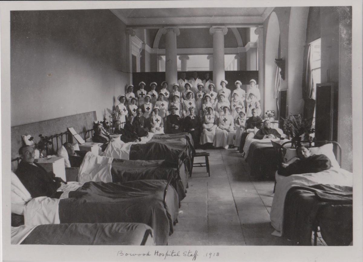 The child-nurse (r) among the staff and patients of Bowood Red Cross auxiliary hospital in 1918 is Lord Charles’s daughter, Lady Margaret Mercer Nairne while her grandmother, the 5th Marchioness of Lansdowne is in the centre.