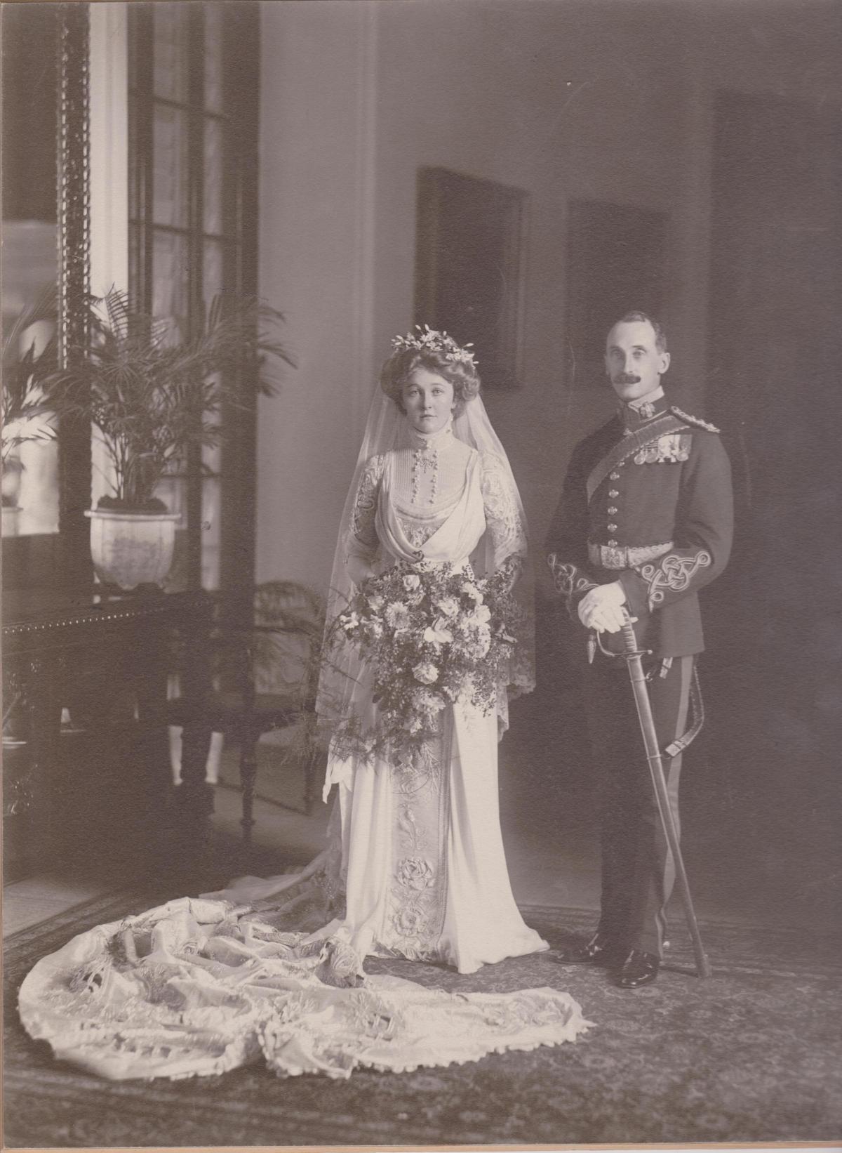 Grandfather of the current Lord Lansdowne (9th Marquis), Lord Charles was survived by young widow, Violet, their daughter Margaret, 4, and son, George, nearly 2, as well as by his heart-broken parents. Pictured: George and Violet's wedding day in 1909.