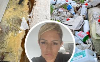 The rubbish includes a rotting mattress, bottles of chemicals and other rubble