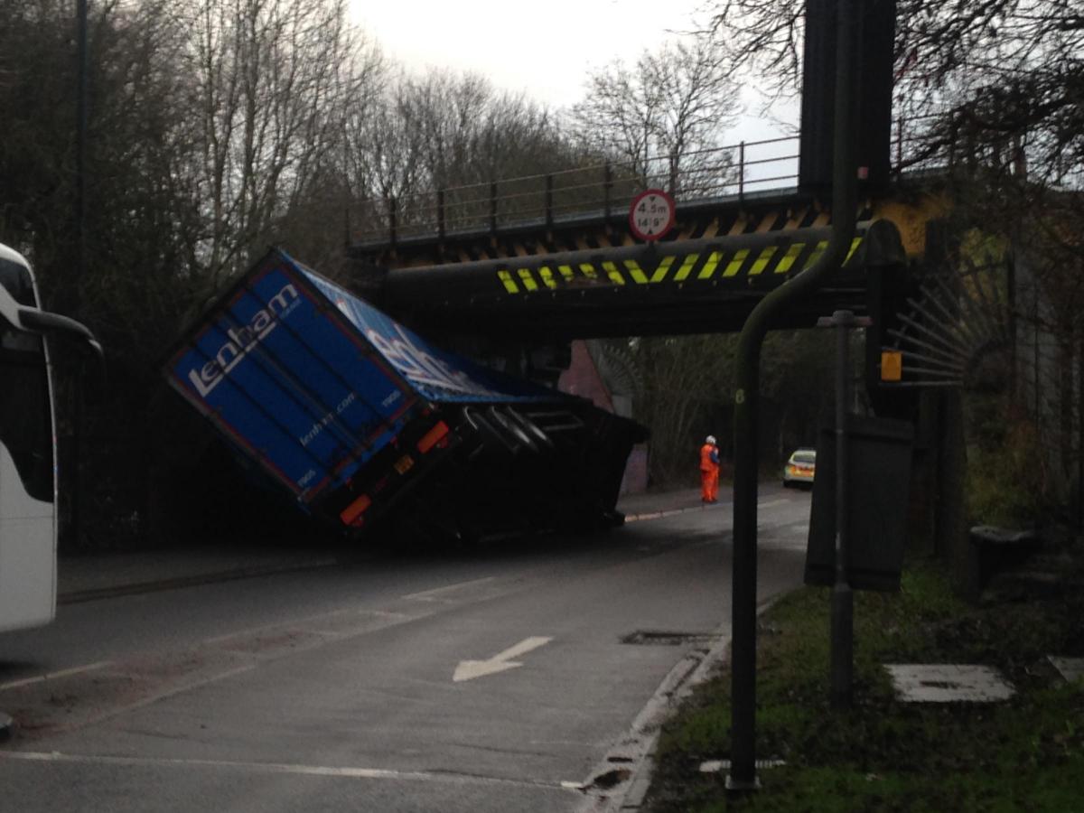 Wootton Bassett Road was closed after this lorry hit the bridge on January 27, 2016. Picture by Stephen Davy-Osborne
