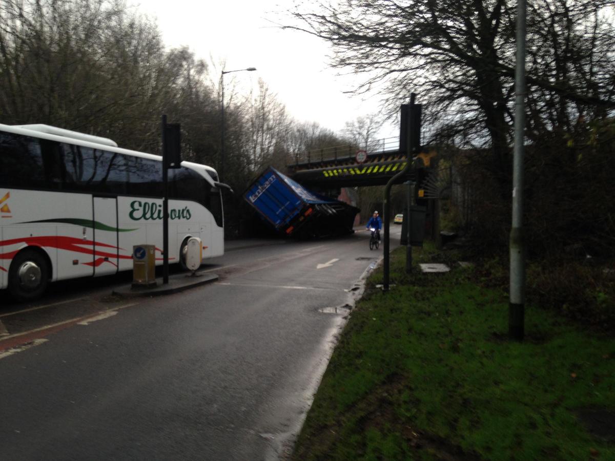 Wootton Bassett Road was closed after this lorry hit the bridge on January 27, 2016