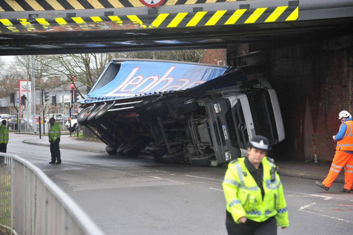 Wootton Bassett Road was closed after this lorry hit the bridge on January 27, 2016. Picture by Thomas Kelsey