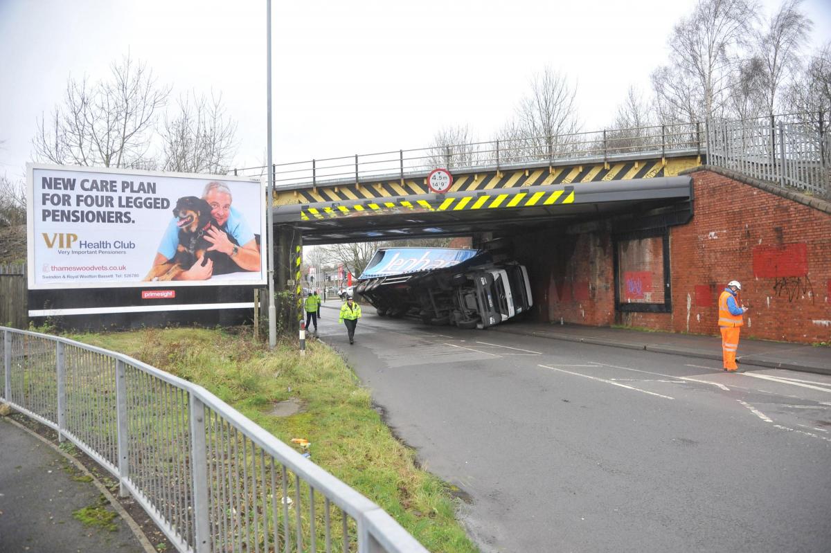 Wootton Bassett Road was closed after this lorry hit the bridge on January 27, 2016. Picture by Thomas Kelsey