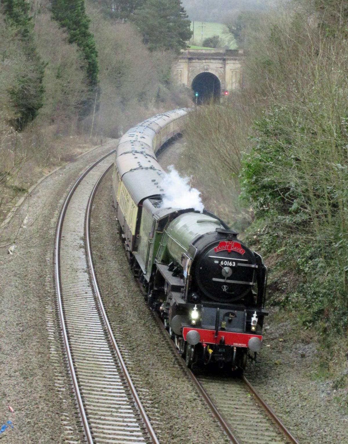 Clare Jones pictured the St David special service pulled by steam loco Tornado leaving Middlehill tunnel, Box.