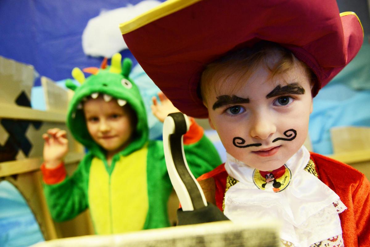 Captain Hook and crocodile at Abbey Meads CP School on World Book Day