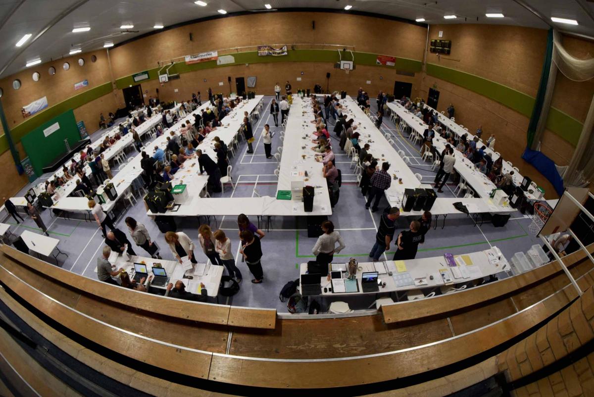 Counting takes place at Chippenham on election night. Picture by Glenn Phillips