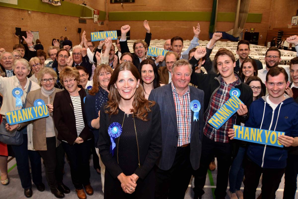 Michelle Donelan and supporters at Chippenham on election night. Picture by Glenn Phillips