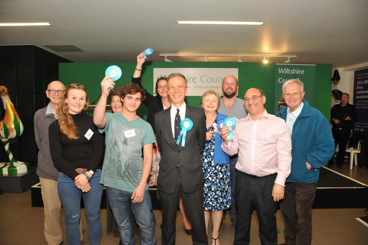 South West  Wiltshire election count.  Celebrations Dr Andrew Murrison  with his conservative team having retained his seat with added majority. Pics Trevor Porter 58667 18.