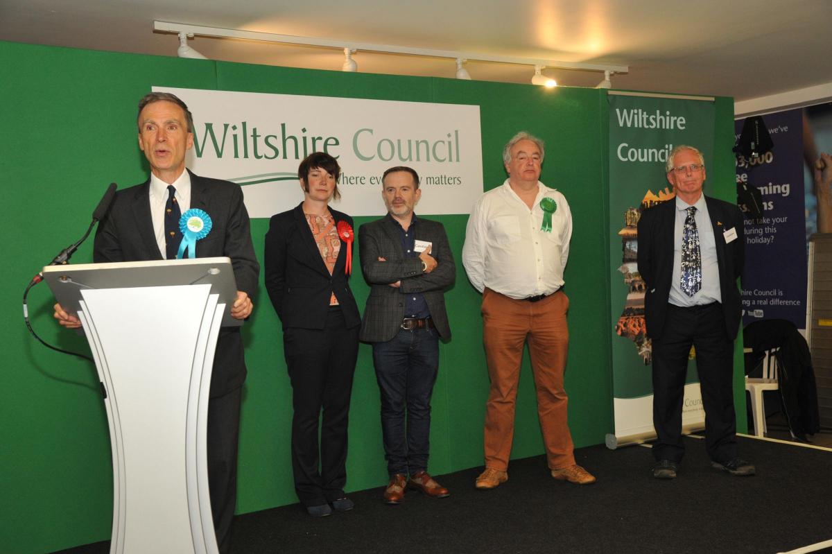 South West Wiltshire election count.Dr Andrew Murrison delivers his thank you speech after returning as the MP and with increased majority with Labour candidate Laura Pictor Liam Silcocks Independent, Chris Walford Green Party, and Trevor Carbin Liberal D