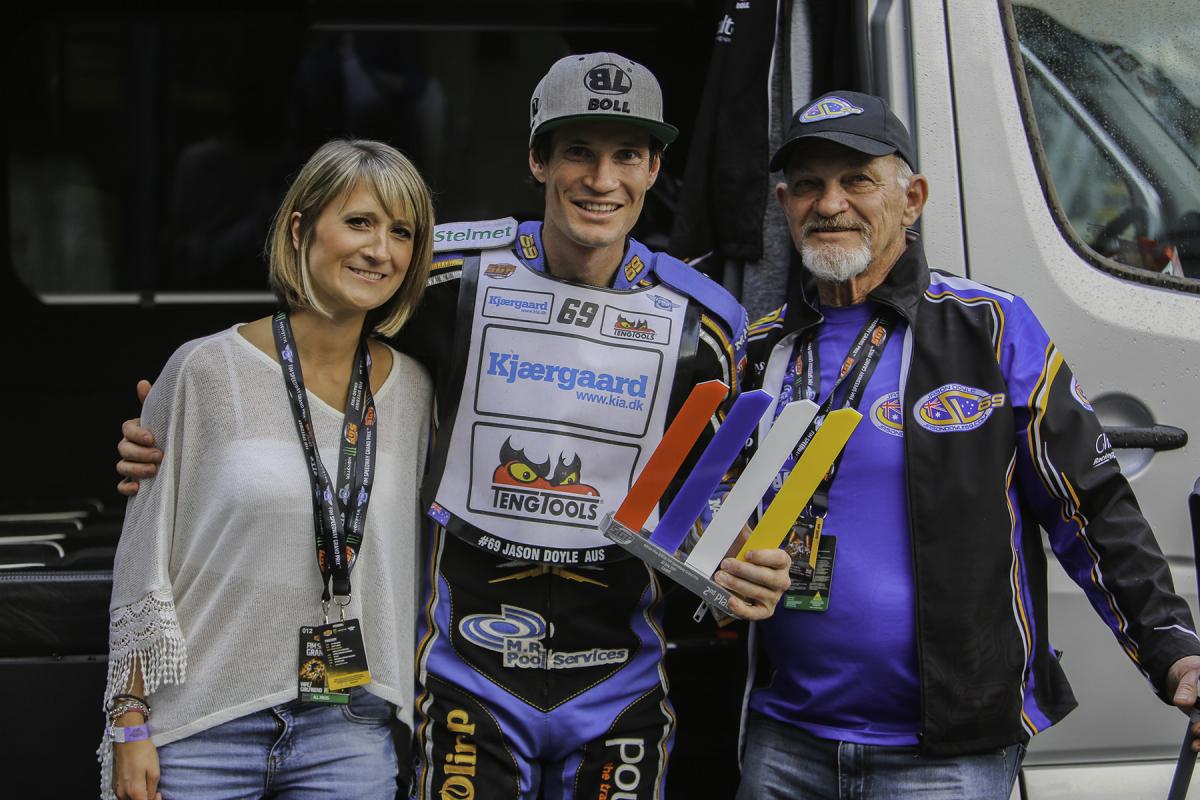 Jason Doyle with his wife Emily and father Kev