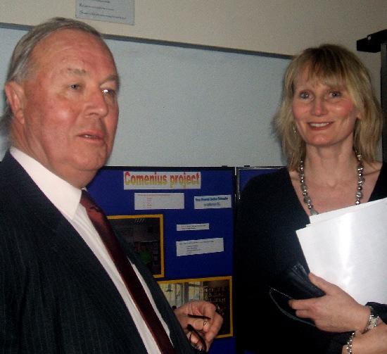 The Deputy Lord Speaker of the House of Lords, Lord Geddes visits the Ridgeway School to unveil a new plaque. Pictured is Lord Geddes and a Ridgeway School Teacher, Mrs H Siebenhaller. Picture by Chloe Peirce, 15, Ridgeway School.