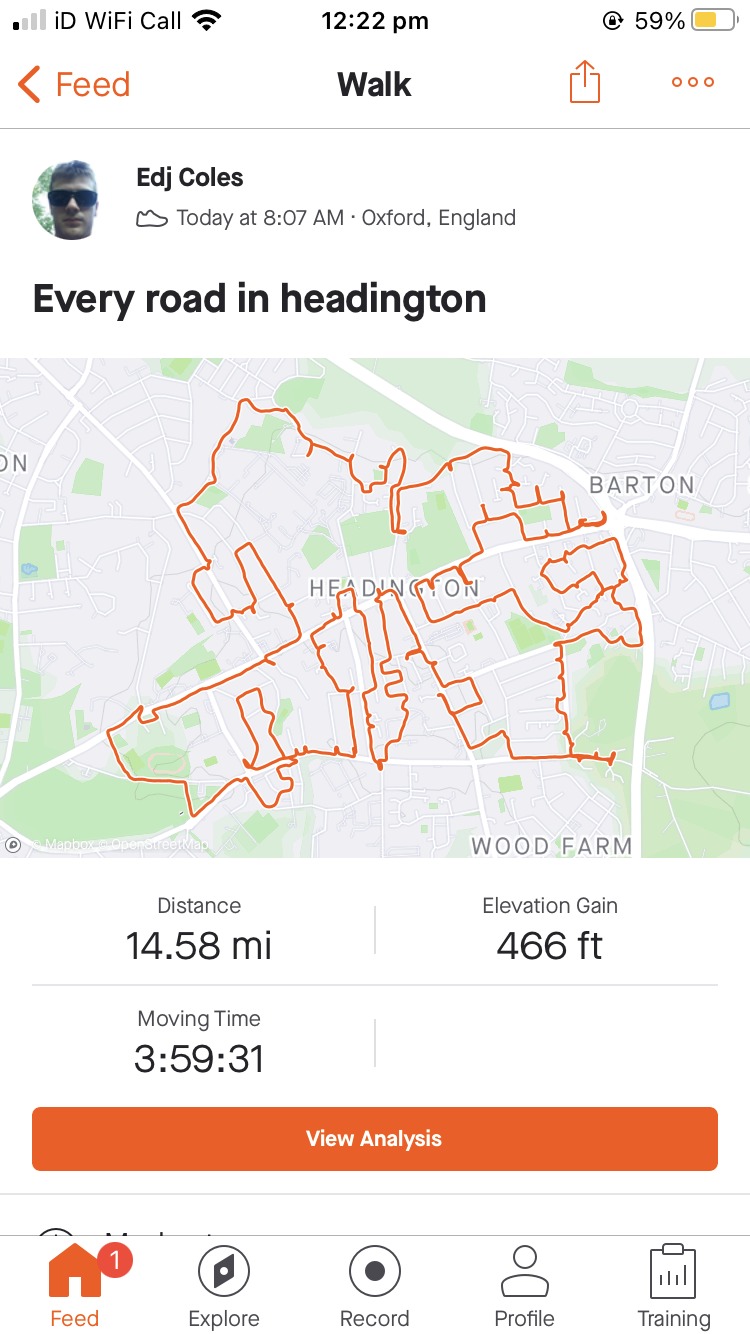 Oxford teenager Edward Coles, 18, said he walked every single street in Headington Wednesday, February 24, 2021, and created this map using the Strava mobile phone app.