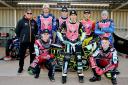 Swindon Robins Select’s septet and team boss Alun Rossiter (top left) pose before the action started     Photo: Les Aubrey