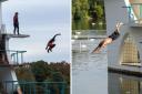 People diving into Coate Water reservoir via the diving board
