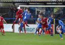 Action from Chippenham Town's (blue) goalless draw at home to Welling United. PICTURE: RICHARD CHAPPELL