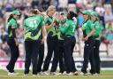 Southern Brave's Lauren Bell (centre) celebrates with team-mates after taking the wicket of Oval Invincibles' Mady Villiers during The Hundred match at The Ageas Bowl, Southampton. Picture date: Monday August 16, 2021..