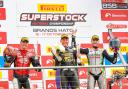 Rogers (right) on the podium at Brands Hatch after finishing third in the final National Superstock race of 2021      Pic: Camipix Photography